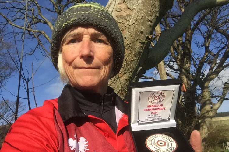 Lesley Sleight with her the Women's Traditional Recurve medal she successfully defended at the English 3D Archery Championships