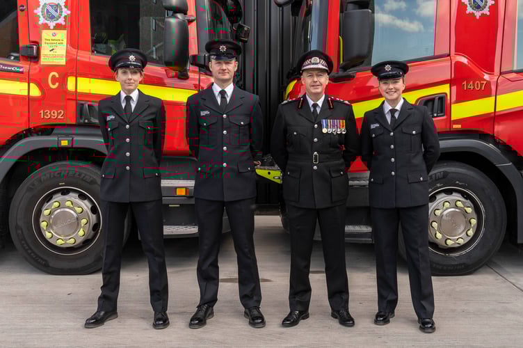 Left to right: new recruits Kelly Roberts, Mark Christian, chief fire officer Mark Christian and Leanne Venables