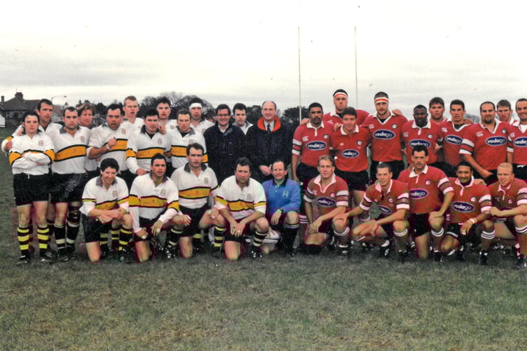 The Vagabonds Rugby Club and Gauteng Falcons teams that faced off at Glencrutchery Road in July 1998