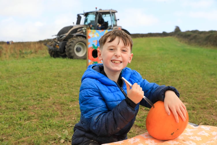 Tiernan Farrell looks to carve his pumpkin
