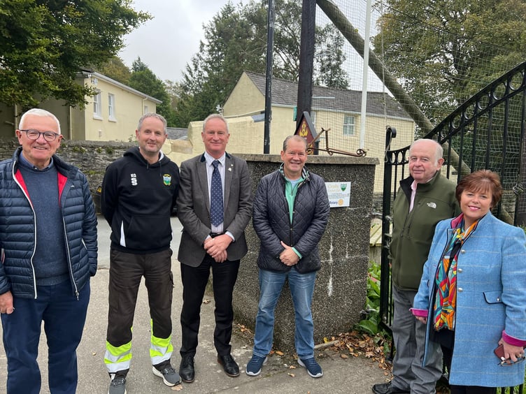 Charles Fargher, Captain of the Parish of Marown, Kevin Quine, Crosby Cricket Club chairman, Nick Watson, Chris Eaton, David Gawne MBE and Marown Memorial Playing Fields committee chair Lorraine Quayle