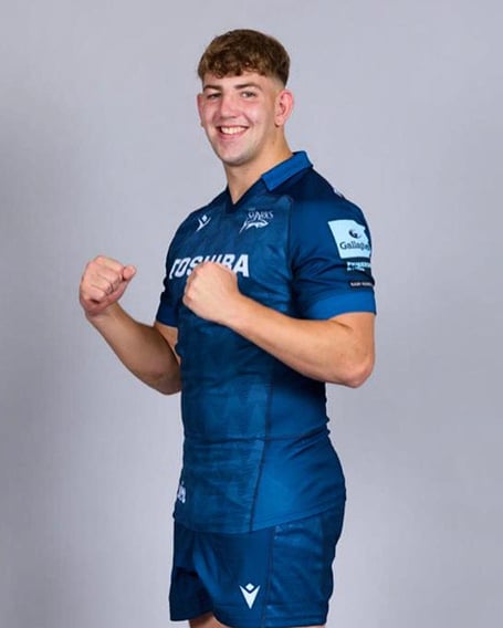 Isle of Man rugby player Harry Thompson in his Sale Sharks kit