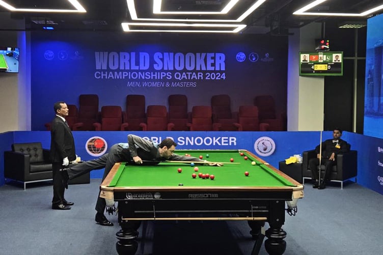 Isle of Man player Darryl Hill in action against Sourav Kothari of India in the last-16 of the International Billiards Snooker Federation World Amateur Championships in Doha, Qatar earlier this week.