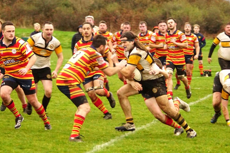 Vagabonds' Matty Jones on the charge against Bury during last weekend's Counties Three ADM Lancs/Cheshire clash at Ballafletcher (Photo: John Liver/Mumble's Pics)