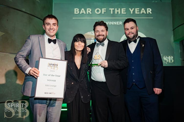 (L-r) Drew Fleming, Claudia Winkleman (host), Jamie Lewis and a representative from award sponsor Master of Malt Trade