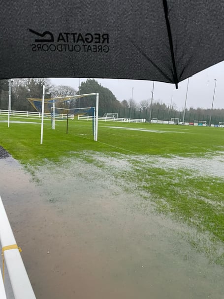 The pitch at St John's United's Mullen-e-Cloie ground flooded because of Storm Bert (Photo: Sam Brown)