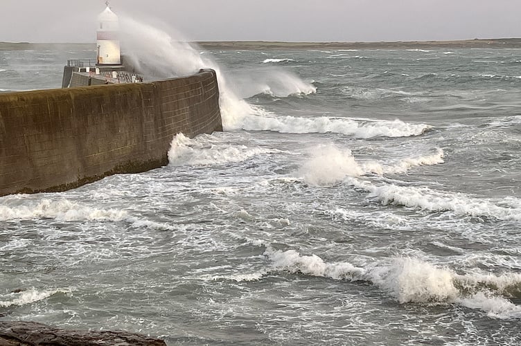 Castletown Breakwater on Sunday, where the winds were still strong causing coastal overtopping