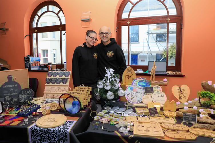Mairi and Danny from Manx Crafts and Engraving at Peel Centenary Centre Christmas Market. Photo by Callum Staley (CJS Photography)