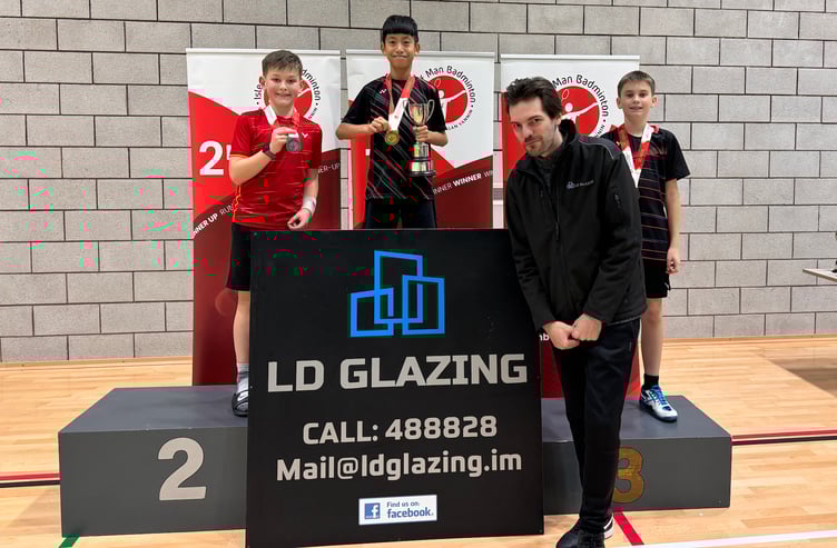 The boys singles podium in Isle of Man Badminton Association's Under-13s Championships at the Roundhouse in Braddan