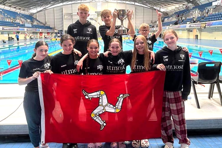 Some of the Isle of Man swimmers that collected the trophy for best club at the Robin Hood Open Meet: (back row, left to right) Jacob Craine, Jacob Garczynski and Oscar Garczynski. (Front) Caitlin Kirby, Darcy Killey, Poppy Killey , Tallulah Wilson, Poppy Craine and Lily Walkingshaw