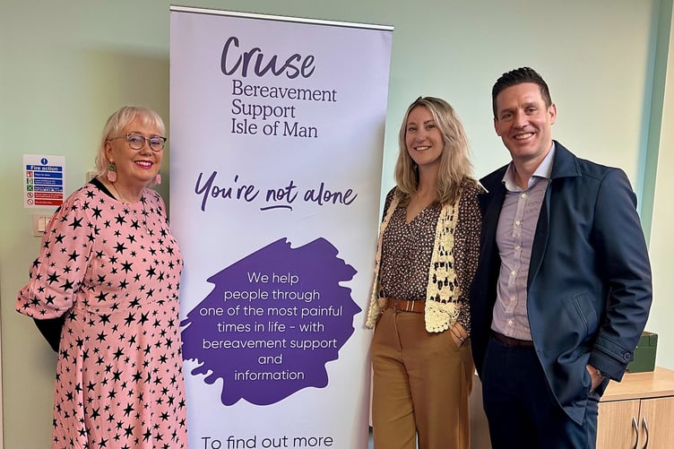 CEO, Mary Doyle of Cruse Bereavement Support Isle of Man with Ciaran Doherty, Managing Director, and Jess Edmonds, Office Manager, from Tevir Group representing The Keith Jones Foundation.