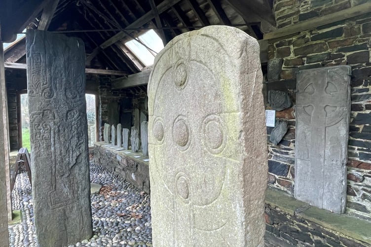 The Celtic crosses on display at Maughold Church