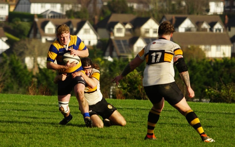 Vagabonds' Matty Jones brings down Burnley’s Jack Thomas during the two side's recent Counties Three ADM Lancs/Cheshire meeting. This weekend the Manx side host Dukinfield at Ballafletcher (Photo: John Liver/Mumble's Pics)