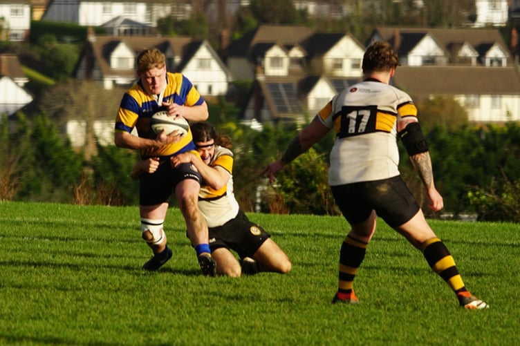 Vagabonds' Matty Jones brings down Burnley’s Jack Thomas during the two side's recent Counties Three ADM Lancs/Cheshire meeting. This weekend the Manx side host Dukinfield at Ballafletcher (Photo: John Liver/Mumble's Pics)