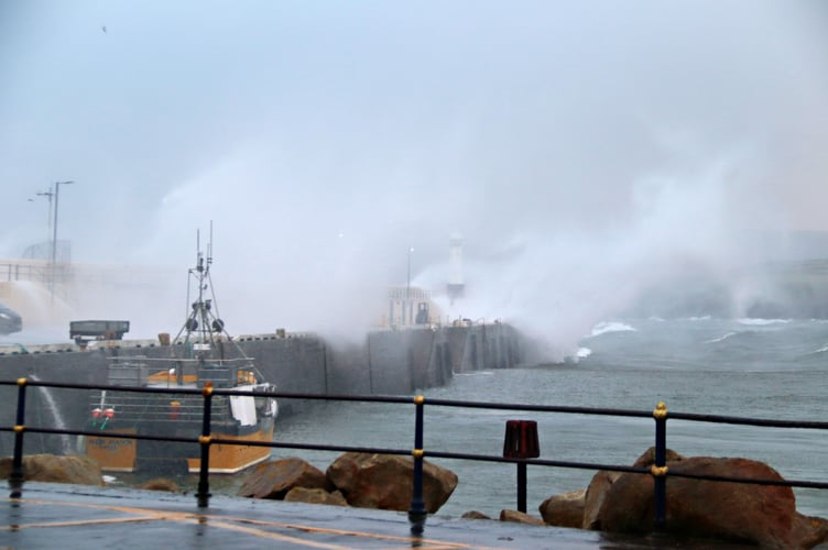 High waves at Peel Breakwater two hours before high tide on Monday
