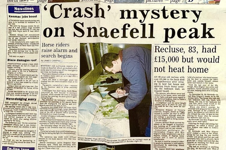 Front page story in the Examiner of the mysterious crash at Snaefell