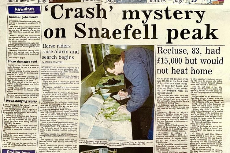 Front page story in the Examiner of the mysterious crash at Snaefell