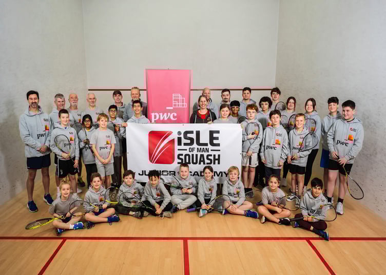 Isle of Man Squash has secured a junior sponsorship deal with PwC. Adult and junior players are pictured with PwC corporate responsibility leader Paul Jones (left of PwC banner), audit director Dasa Brynjolffssen (right of PwC banner) and squash coach Stephen Pitts (right of banner). A full report appeared in this week's Isle of Man Examiner.