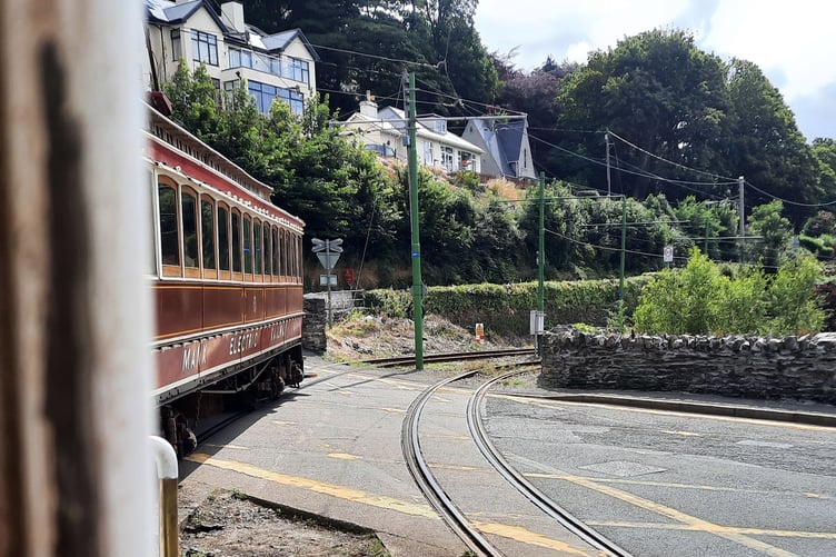 MER tram leaves Laxey heading for Ramsey. One track would have been converted into a cycle lane under a now ditched suggestion