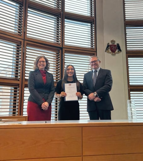 (Left to right) Katherine Garrood (Appleby counsel and mentor to Josephine), Josephine Bell and His Honour Deemster Andrew Corlett