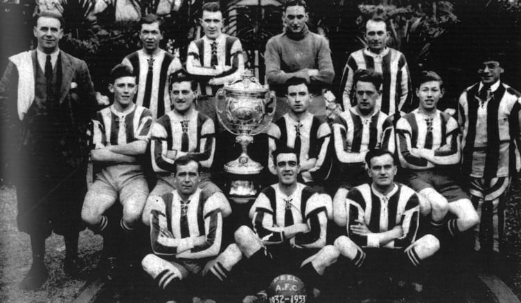 The Peel AFC Grand Slam winning team of the 1932-33 season, pictured with the Railway Cup