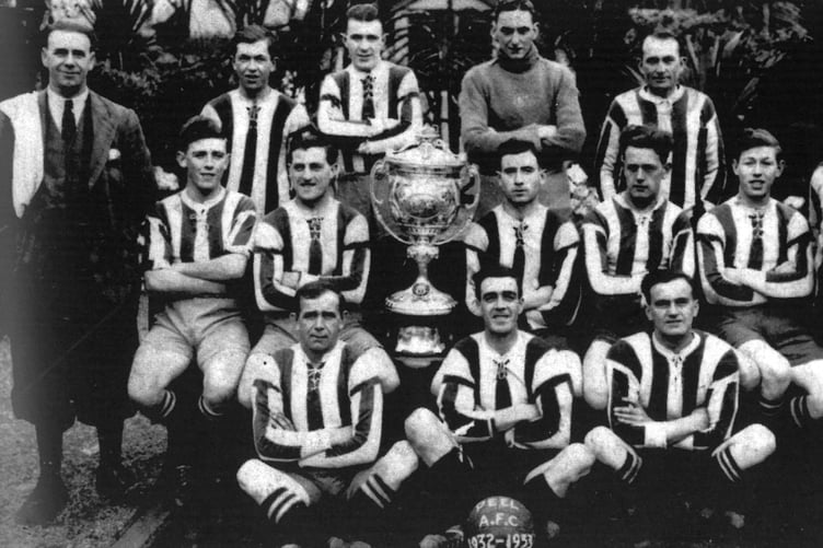 The Peel AFC Grand Slam winning team of the 1932-33 season, pictured with the Railway Cup
