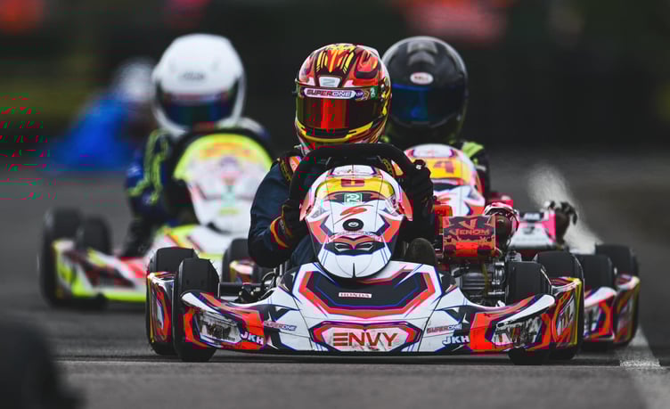 Isle of Man kart racer Charlie Gregg in action during the 2024 SuperOne Series Karting Championship