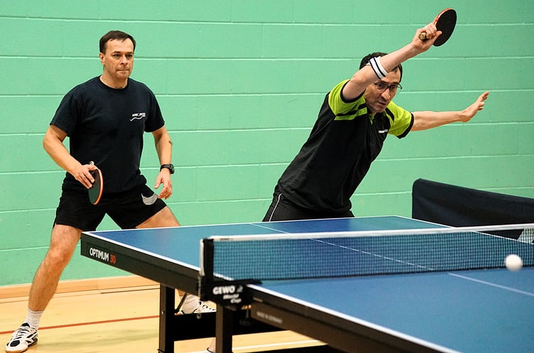 Arbory A’s Mike Tamarov (left) and Jason Quirk showing the focus and attacking flare that rewarded them with three wins last week in the latest Division One doubles week (Photo: Malcolm Lambert)