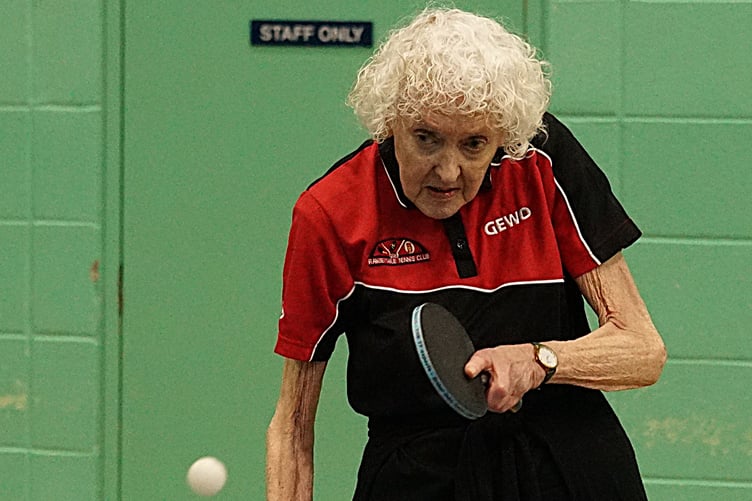 The evergreen Pat Halliwell playing for Travellers D in Division Three demonstrates that table tennis is a sport for all ages (Photo: Malcolm Lambert)