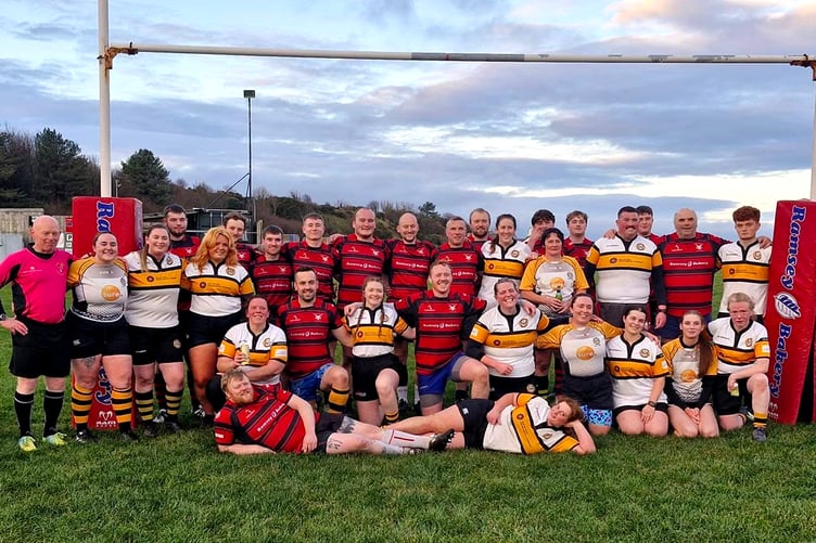 The Vagabonds Ladies and Jim Nicholson all-star rugby squads that went head-to-head in the annual Front Row Challenge at Mooragh Park on Boxing Day, raising money towards Walton Home from Home and Hospice Isle of Man (Photo: Cath Moore)