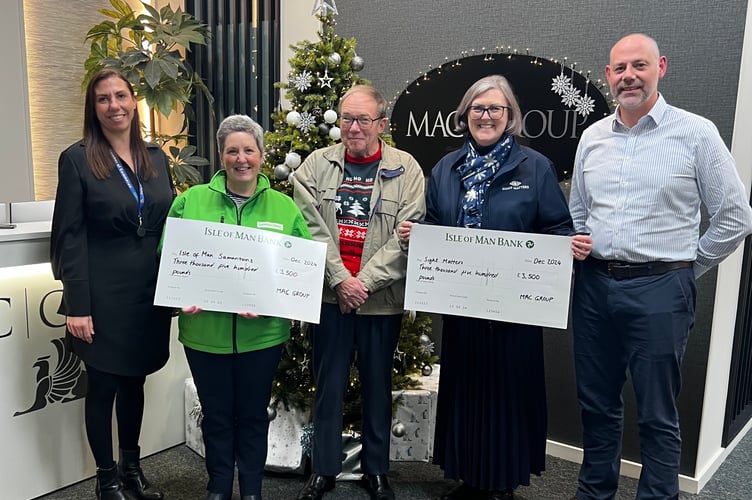 (L:R) Rebecca Netten - Head of Corporate Advisory MAC Group, Sinead Nudd – Isle of Man Samaritans, Roger – Sight Matters, Cathryn Bradley – Sight Matters and Ed Walter - Head of Private Client Advisory MAC Group