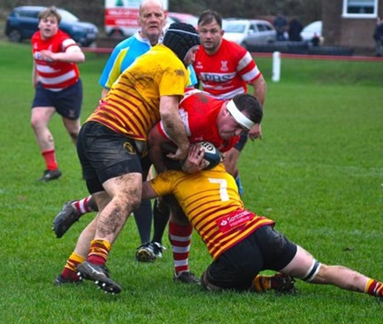 Simon Hoddinott and Blake Everson combine in defence for Douglas at Vale of Lune on Saturday afternoon (Photo: Thomas Bradburn)