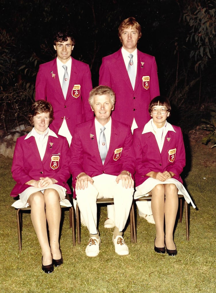 Muriel Cain formed part of the Isle of Man badminton representation at the Commonwealth Games in Brisbane in 1982. (Back row, left to right) Phil Mead and Dennis Moore. (Front) Muriel Cain, Peter Kniveton and Roberta Cannell.