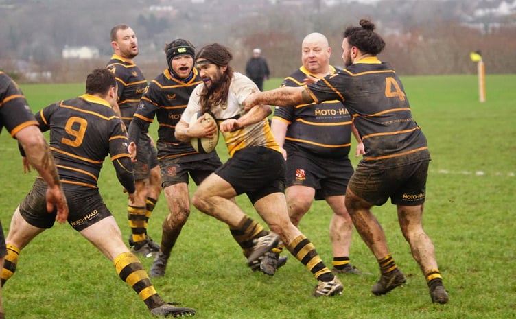 Matty Jones goes on the charge for Vagabonds against Orrell at Ballafletcher on Saturday afternoon. Jones helped the Manx side claim their first win of the Counties Three ADM Lancs/Cheshire season (Photo: John Liver/Mumble's Pics)