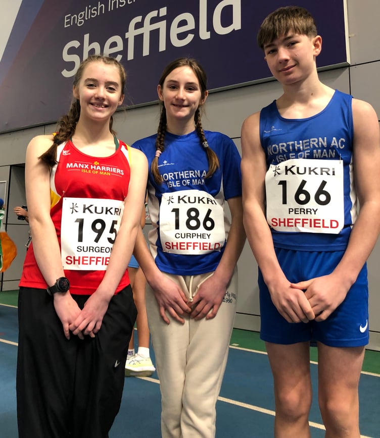 The Isle of Man athletes that competed at the England Indoor Championships in Sheffield last weekend. (Left to right) Amy Surgeon, Sienna Curphey and Timothy Perry (Photo: Steve Partington)