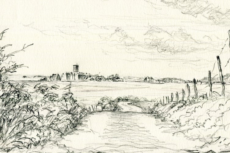 A sketch overlooking Castletown with King William's College visible (picture courtesy of King William's College)