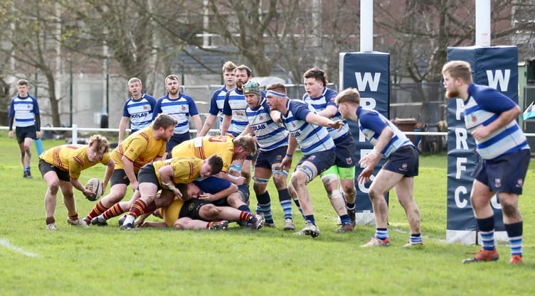 Douglas Rugby Club's Kyle Martin gets the ball away versus Winnington Park during last season's meeting at Burrows Hill (Photo: John Hunt)