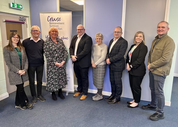 Pictured left to right are: Joney Faragher MHK, David Stacey, Mary Doyle, John Whitehouse, Judy Arnold BEM (chair), John Knight, Oriana Hills and Gary Roberts