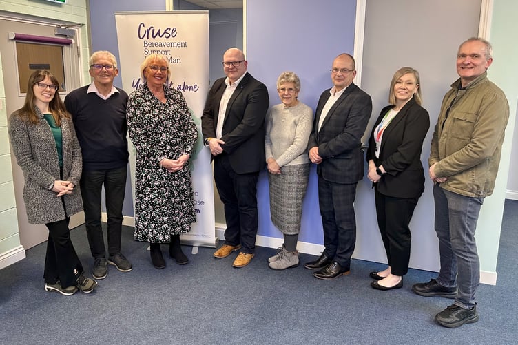 Pictured left to right are: Joney Faragher MHK, David Stacey, Mary Doyle, John Whitehouse, Judy Arnold BEM (chair), John Knight, Oriana Hills and Gary Roberts