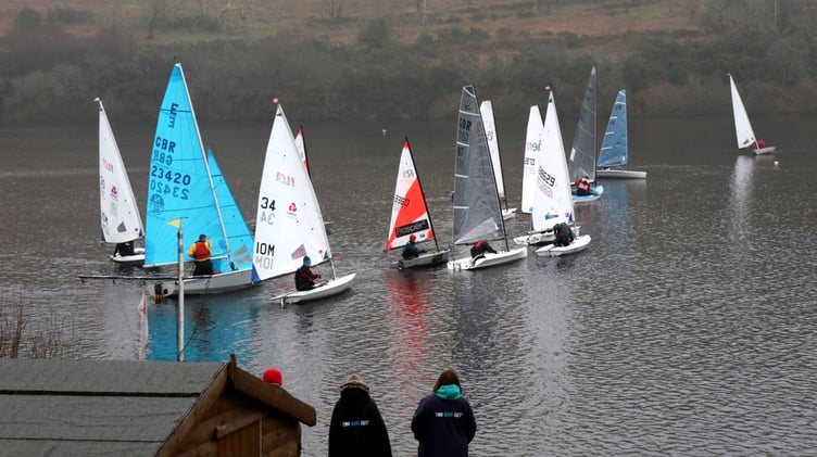 The Manx Sailing and Cruising Club fleet get ready to set sail during the latest round of dinghy racing on West Baldwin reservoir last Sunday morning