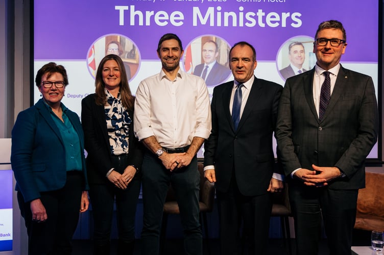 (Left to right) Deputy Chief Minister and Minister for Justice and Home Affairs Jane Poole-Wilson MHK; Isle of Man Chamber of Commerce President Claire Watterson; Chamber’s immediate past-president Kristan McDonald; Chief Minister Alfred Cannan and Enterprise Minister Tim Johnston