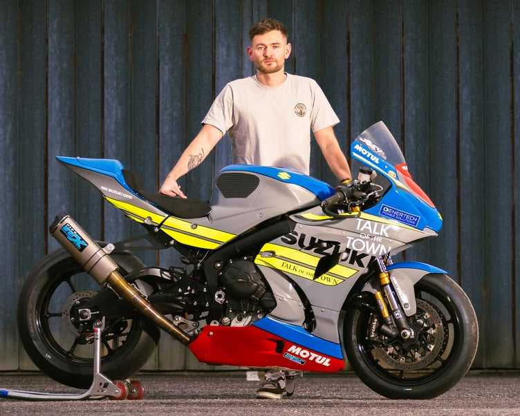 Joey Thompson with the Suzuki GSX-R1000 he will ride in the RST Superbike, Milwaukee Senior and RL360/PE Superstock TT races this year