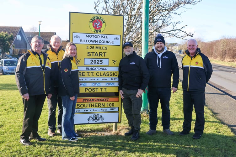 Phil Taubman (Southern 100 President), George Peach (Southern 100 Chairman), Rachel Palmer (Southern 100 Secretary), Chris Beauman (MOTOR ISLE Founder), Ben Dalglish (MOTOR ISLE Production Manager) & David Ronan (Southern 100 Director). Photo by Callum Staley (CJS Photography)