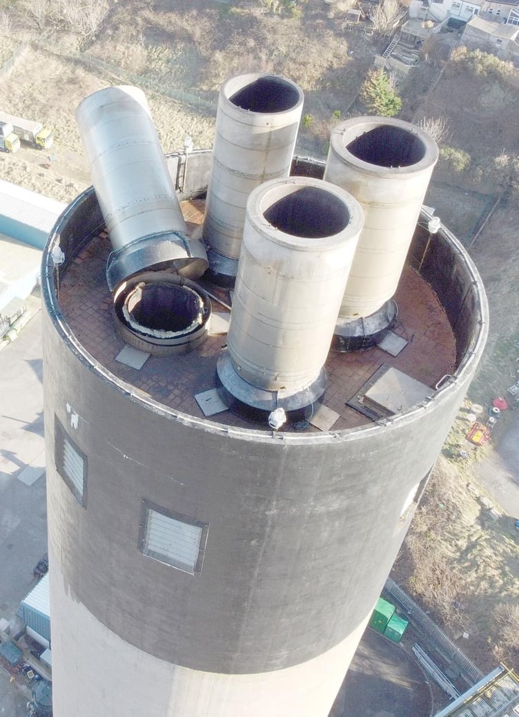 Drone image of the damage to the flue cap on the stack at Peel power station