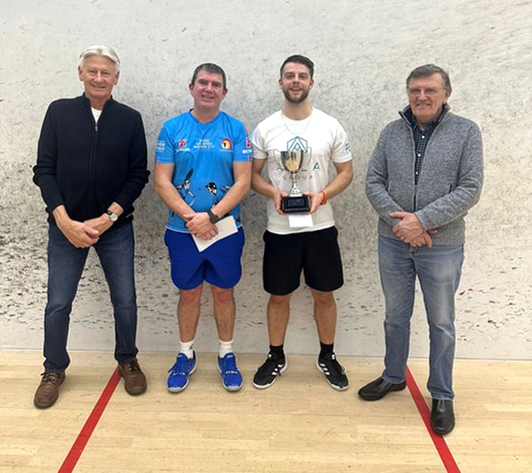 (Left to right) Brian Karran, tournament runner-up Hamish Thornton, Dave Karran Memorial Masters Competition winner Josh Green with the trophy, and Bill Karran