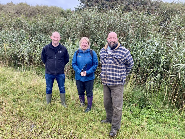 Left to right: David Bellamy, head of conservation and land at MWT, Katie Grace, agri-environment officer at MWT and Paul Costain from Moorhouse Farms