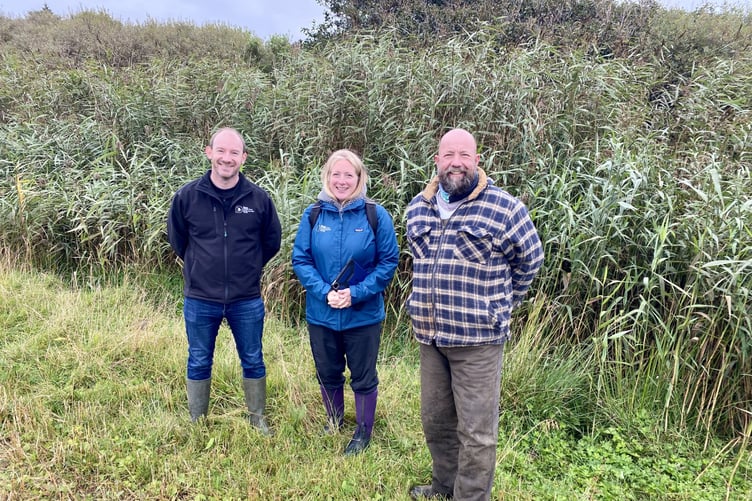 Left to right: David Bellamy, head of conservation and land at MWT, Katie Grace, agri-environment officer at MWT and Paul Costain from Moorhouse Farms