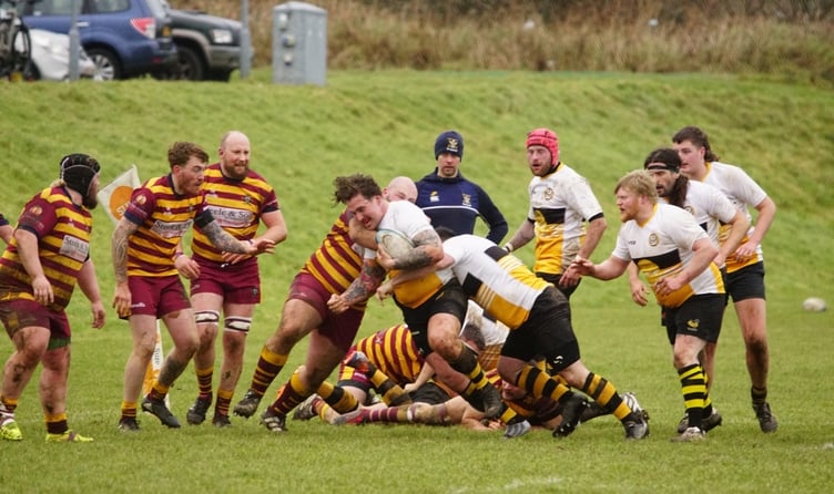 Vagabonds Cal Donnell charges for the line against Clitheroe at Ballafletcher on Saturday (Photo: John Liver/Mumbles Pics)