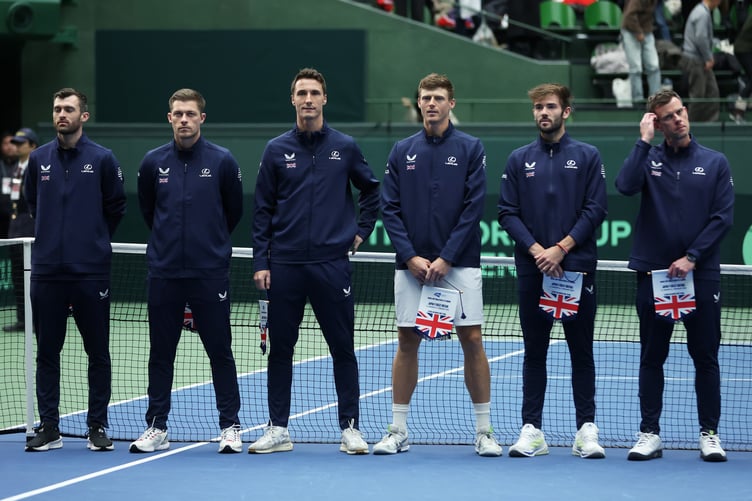 MIKI, JAPAN - JANUARY 31: Team Great Britain (L-R) Giles Hussey, Neal Skupski, Joe Salisbury, Billy Harris, Jacob Fearnley and team captain Leon Smith line up at the opening ceremony during day 1 of the Davis Cup Qualifier first round match between Japan and Great Britain at Bourbon Beans Dome on January 31, 2025 in Miki, Japan. (Photo by Kiyoshi Ota/Getty Images for ITF)