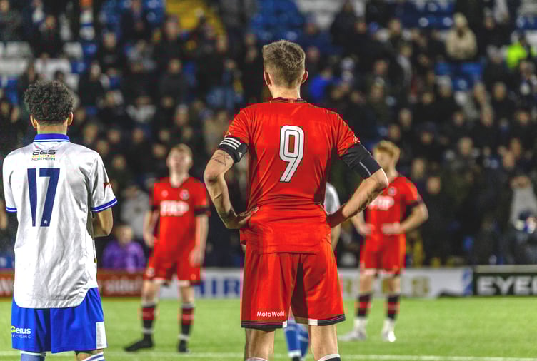 Sean Doyle netted twice for FC Isle of Man on Tuesday evening - including an 86th minute equaliser - but Bury netted an injury-time winner to edge the contest 3-2 at Gigg Lane (Photo: Hannah McHugh)